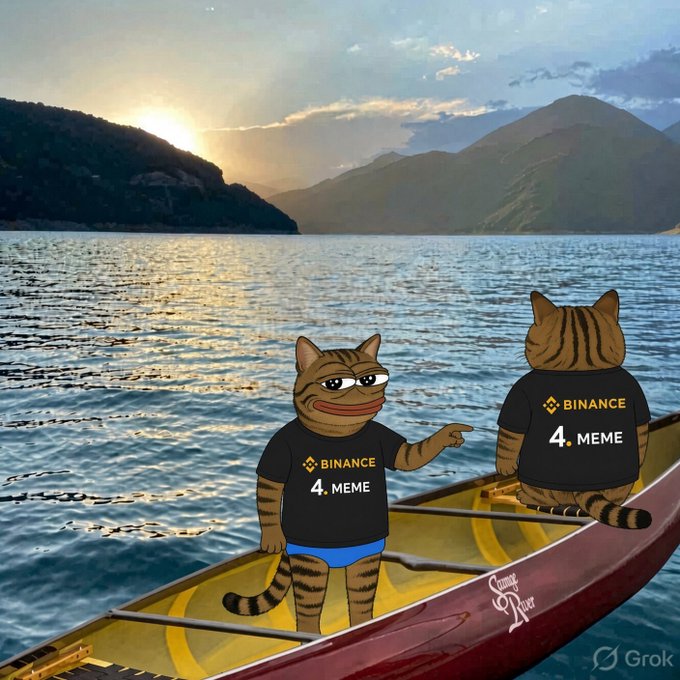 Two cartoon cats in Binance 4.MEME shirts, canoeing at sunset