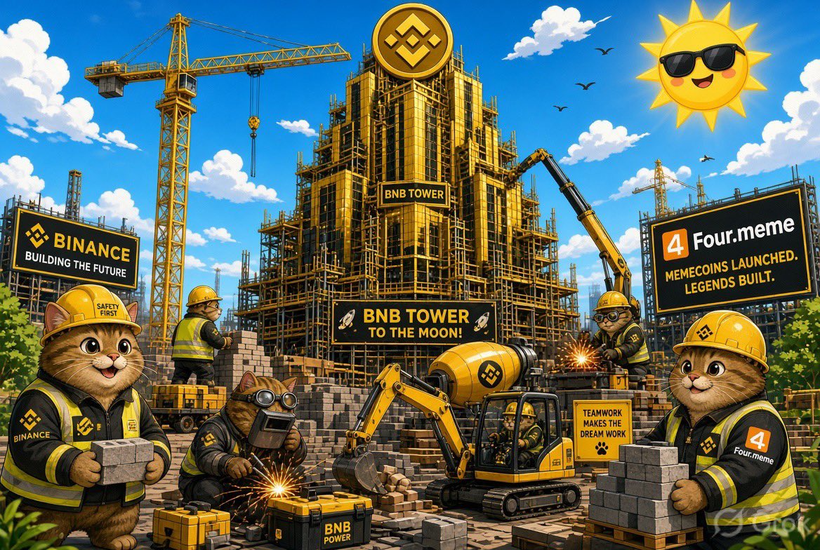 Cartoon cats in hard hats building a gold BNB tower