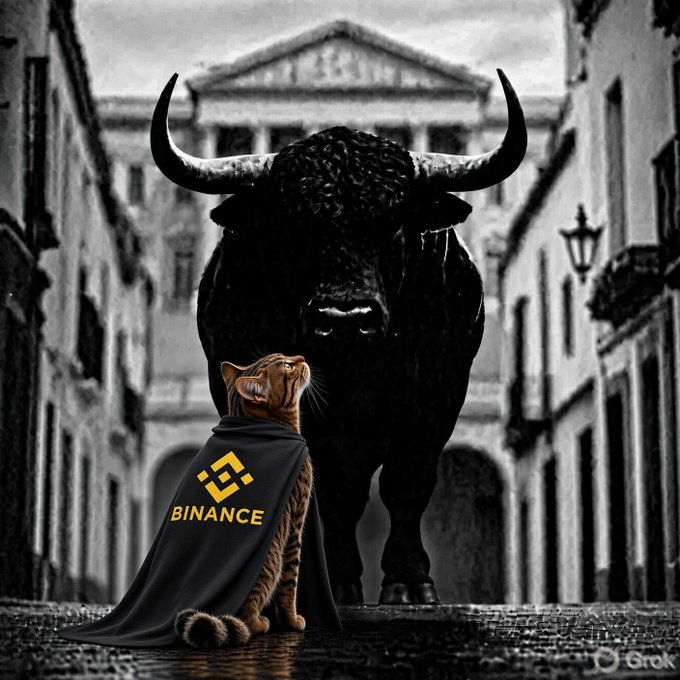 A cat in a Binance cape facing a bull statue