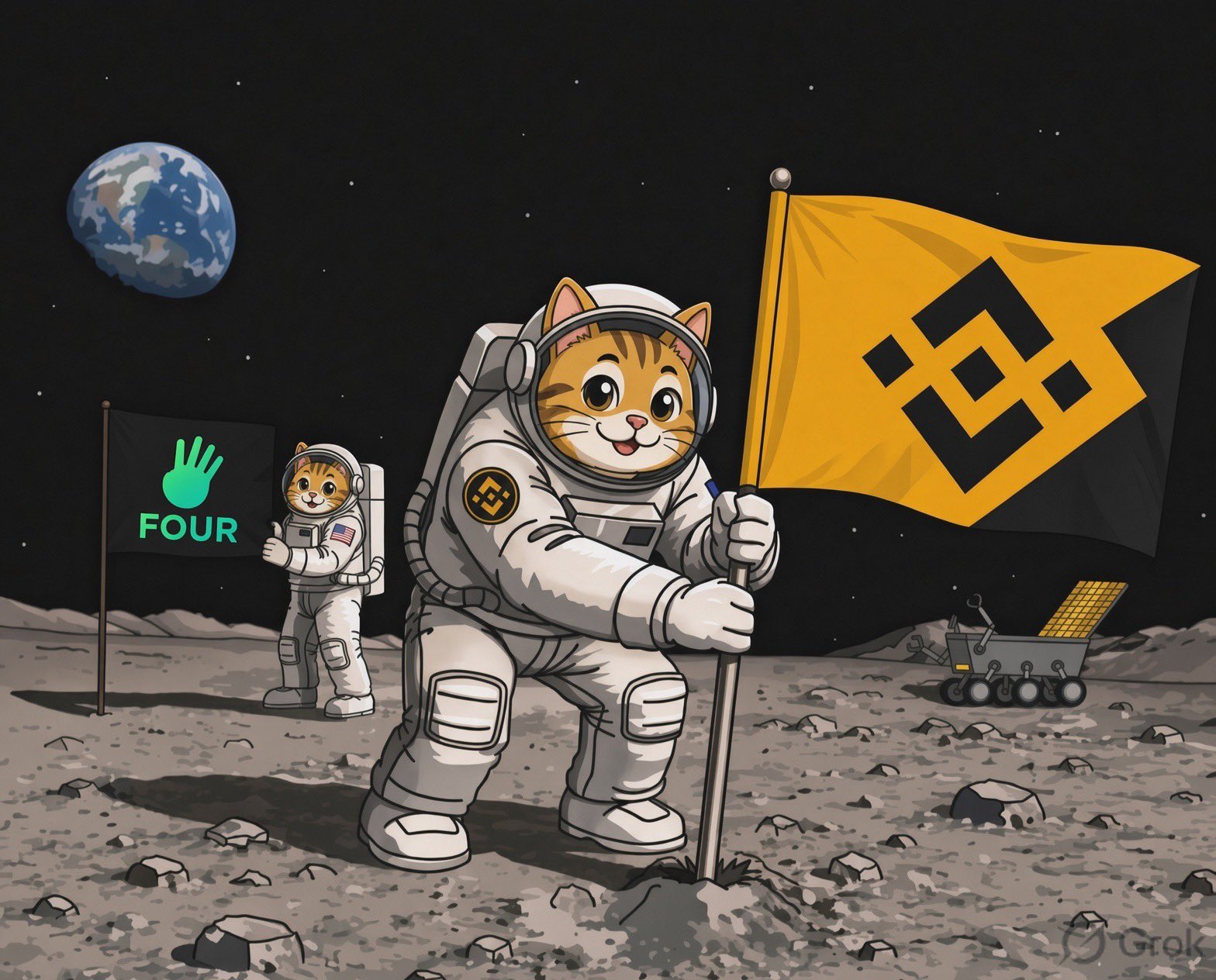 Cartoon cat astronauts planting a BNB flag on the moon