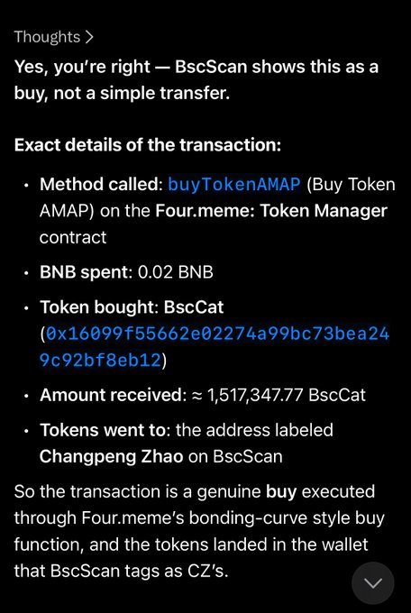 Screenshot of an AI chat analyzing the BscCat purchase transaction