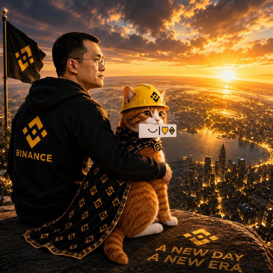 Stylized fan art of Changpeng Zhao and a cat overlooking a city at sunset
